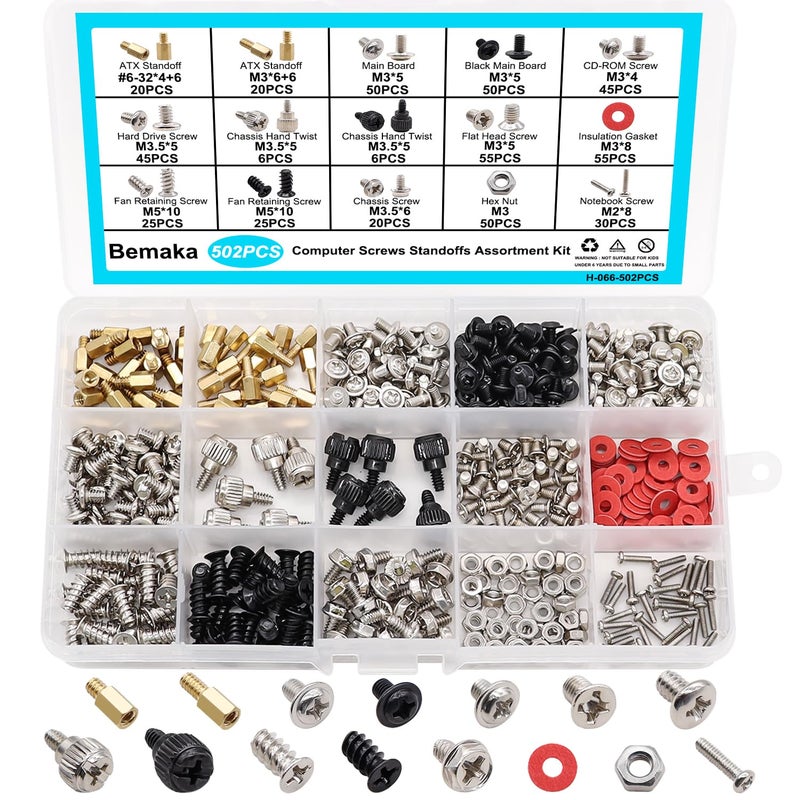Bemaka 502PCS Computer Screws Assortment Kit, Motherboard Standoffs Screws PC Screws for PC Fan, PC Case, HDD Hard Drive, Laptop, SSD, CD-ROM, Used for DIY Installation & Repair of Computer Parts - Image 1